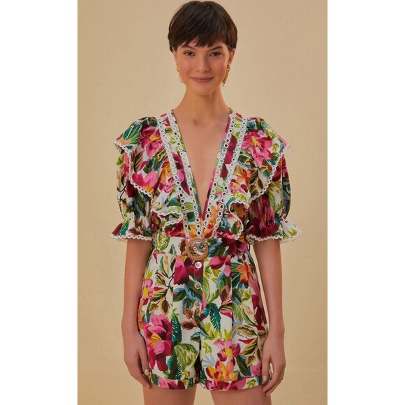 Farm Rio Painted Flowers Romper  Belted Floral Puff Sleeve Size Small New $250 - Picture 8 of 8